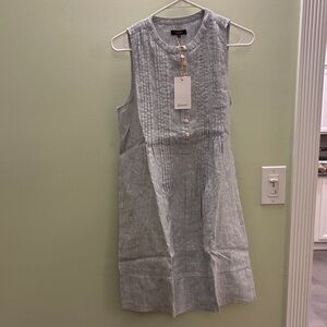 Quince 100% European Linen Sleeveless Swing Dress, Blue Pinstripe